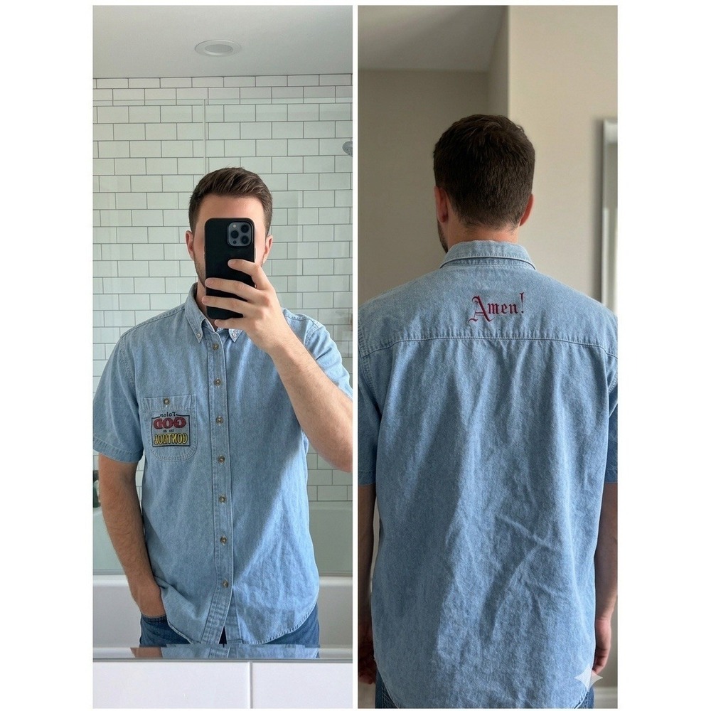 Vintage Three Rivers Denim Shirt L Relax God Is In Control Amen Graphic 90s Y2K